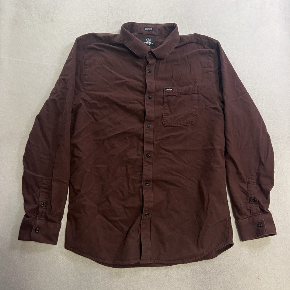 VOLCOM Workwear Flannel Shirt Men's Size XL Brown Solid Button Up Long Sleeve